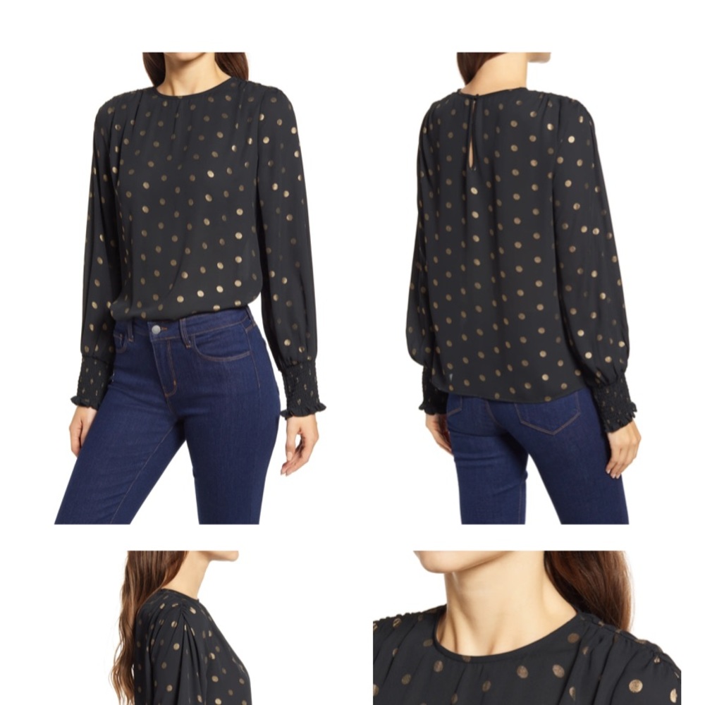 HALOGEN METALLIC DOT POPOVER BLOUSE BLACK WITH SILVER DOT MEDIUM NWOT